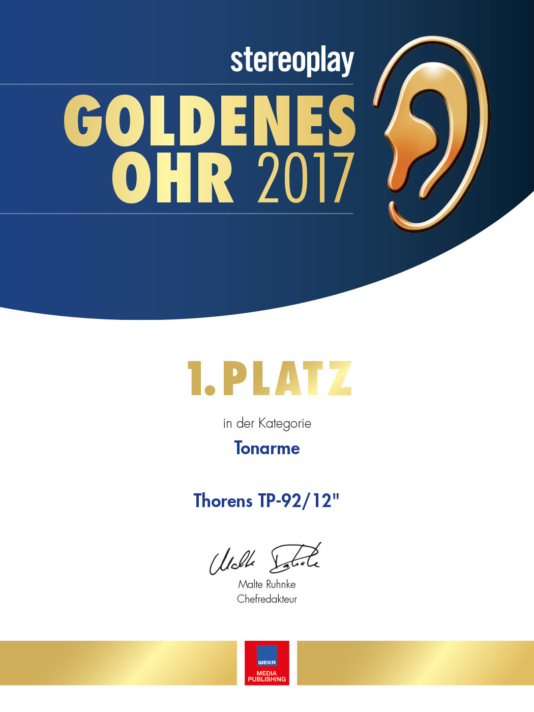 Thorens TP 92/12  Urkunde Goldenes Ohr 2017 | Stereoplay